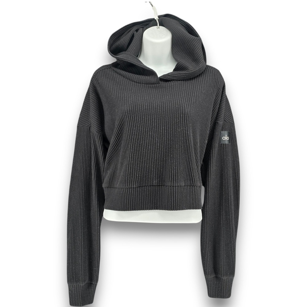 Alo Yoga Muse Hoodie Womens Small Black Ribbed Knit Cropped Pullover Sweatshirt